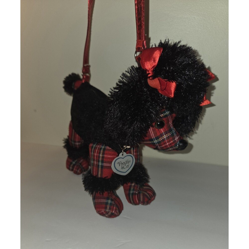 Poochie & Co Novelty Black Plush Poodle Purse Red Plaid Dog Shoulder Bag 13"